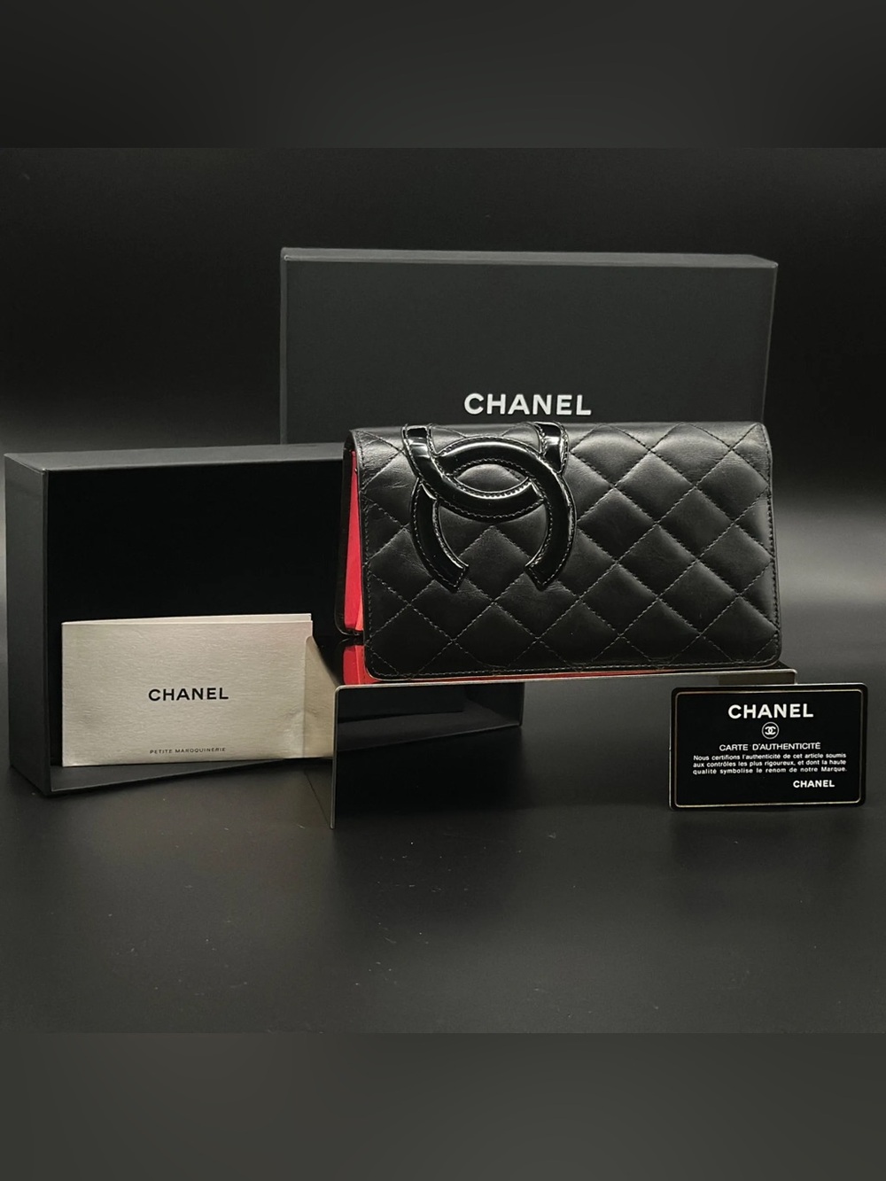 Chanel Cambon Line Quilted Lambskin Long Bifold Wallet Black Neon Pink